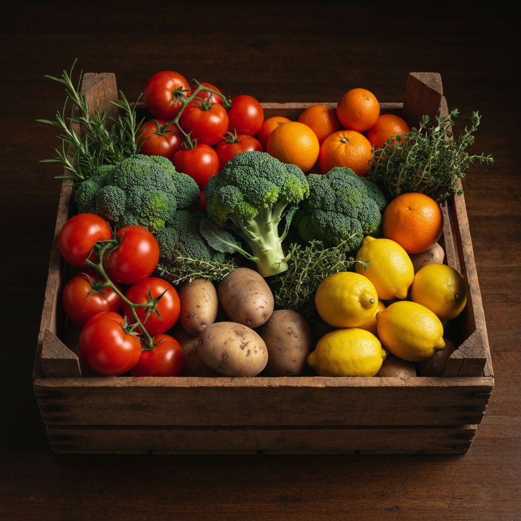 Fresh seasonal produce in a wooden crate
