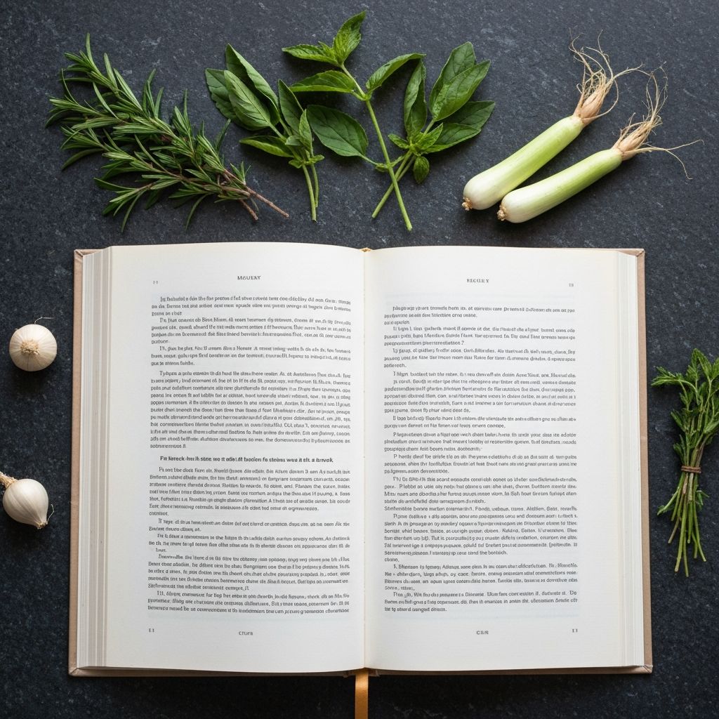 Open journal beside fresh vegetables representing research and food knowledge